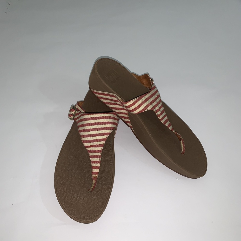 FitFlop Sandals Womens Size 10 Brown Cotton Striped Thong Wedge Comfort